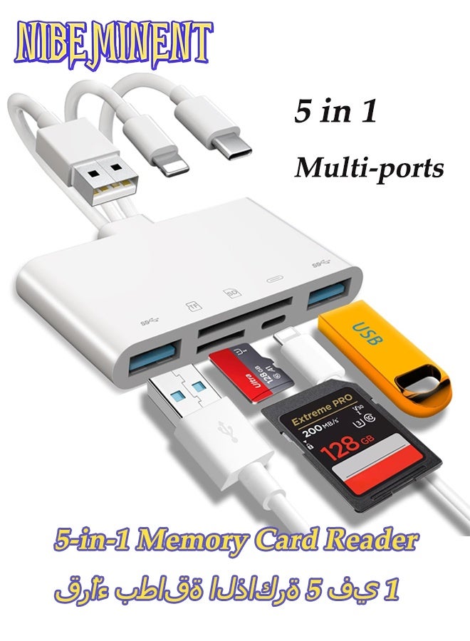 NIBEMINENT 5-in-1 Memory Card Reader, USB OTG Adapter & SD Card Reader for i-Phone/i-Pad, USB C and USB A Devices with Micro SD & SD Card Slots, Supports SD/Micro SD/SDHC/SDXC/MMC White - Image 1